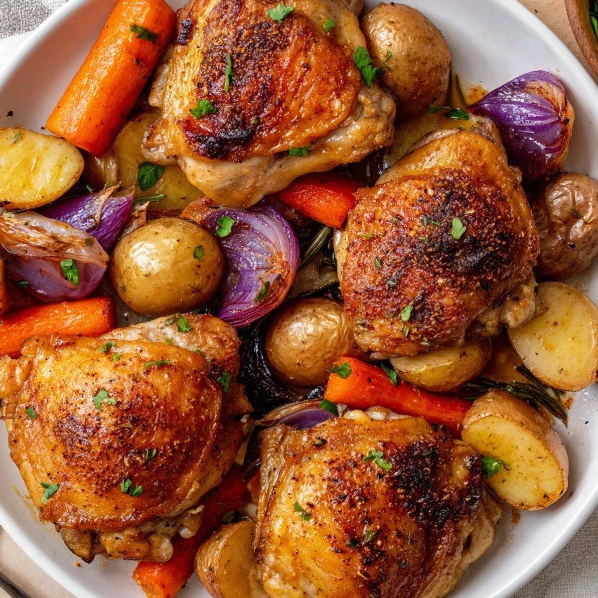 Roasted Sheet Pan Chicken And Potatoes resting on herb-scented golden vegetables