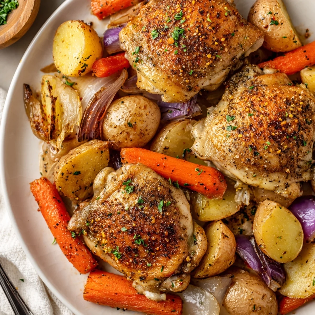 Family-style Sheet Pan Chicken And Potatoes served with parsley and steamed greens