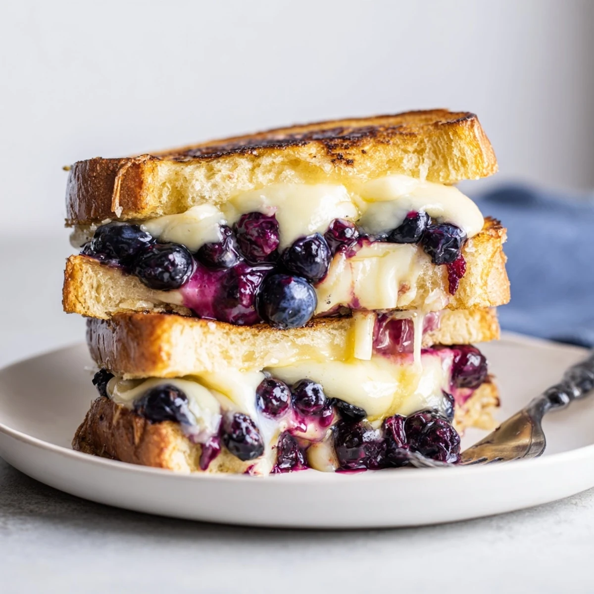 Warm Juicy Blueberry Grilled Cheese sliced open, sweet berries glistening against cream cheese
