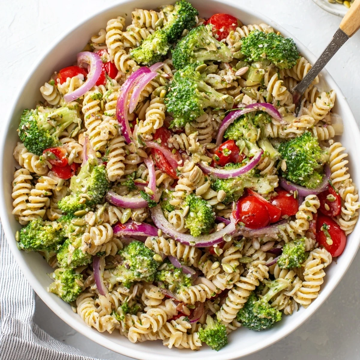 Broccoli Pasta Salad with crisp florets, al dente pasta, zesty vinaigrette