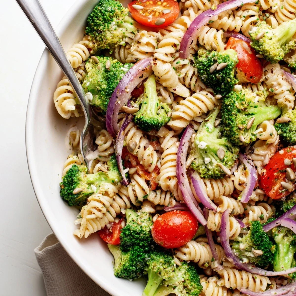 Chilled Broccoli Pasta Salad tossed with cherry tomatoes, crumbled feta, lemony dressing