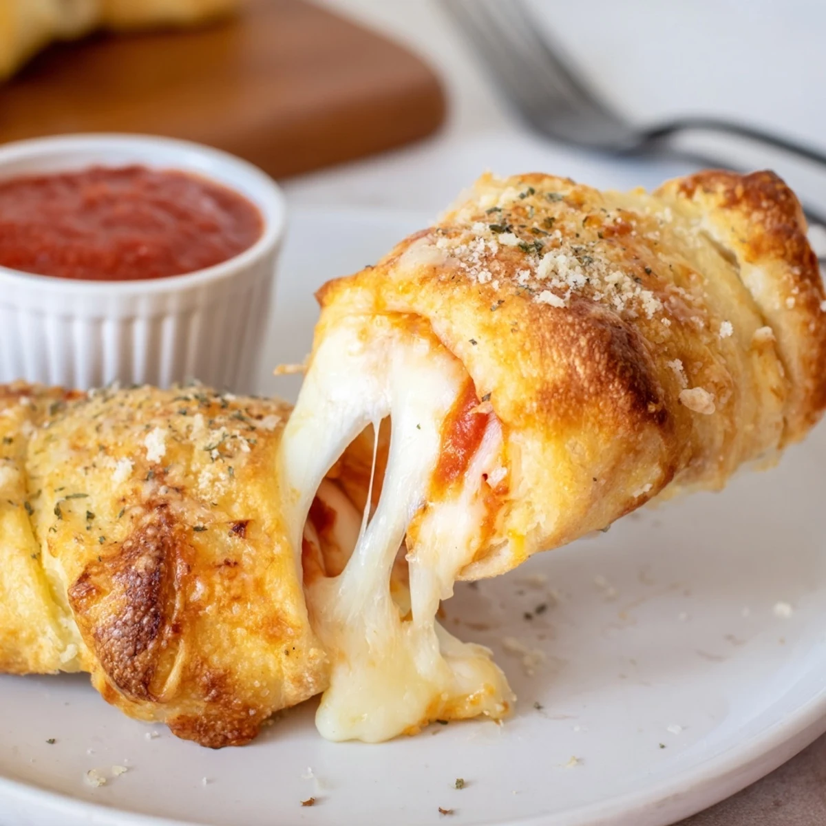 Crispy Cheesy Roll Ups with golden crust and gooey mozzarella, served warm.