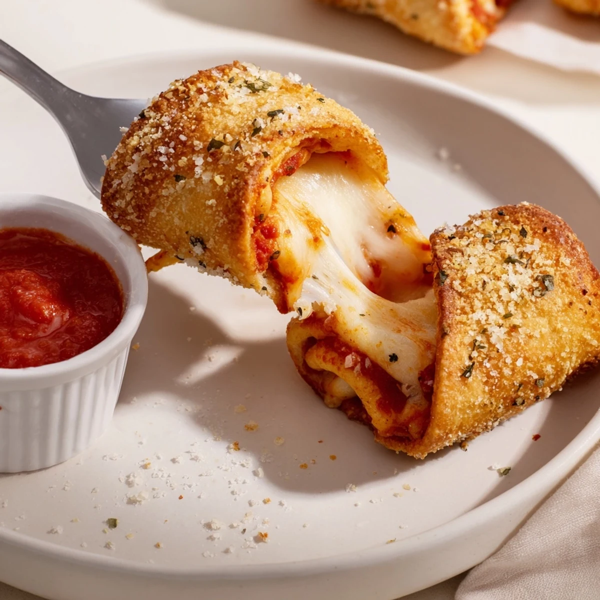 Fresh baked Crispy Cheesy Roll Ups on parchment, sprinkled Parmesan, marinara nearby.