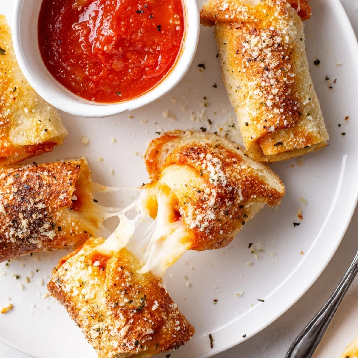 Buttery, herb coated Crispy Cheesy Roll Ups, crisp edges ideal for party platters.