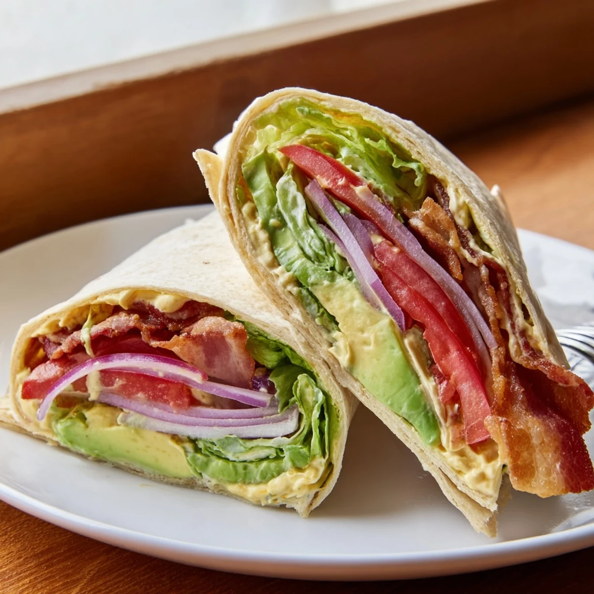 Tightly rolled Meal Prep BLT Wraps ready for lunch, wrapped in parchment