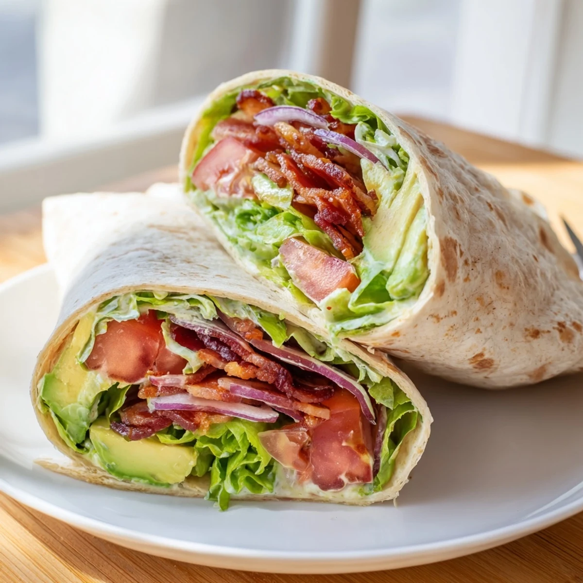 Skillet-crisp bacon and crunchy lettuce in colorful Meal Prep BLT Wraps
