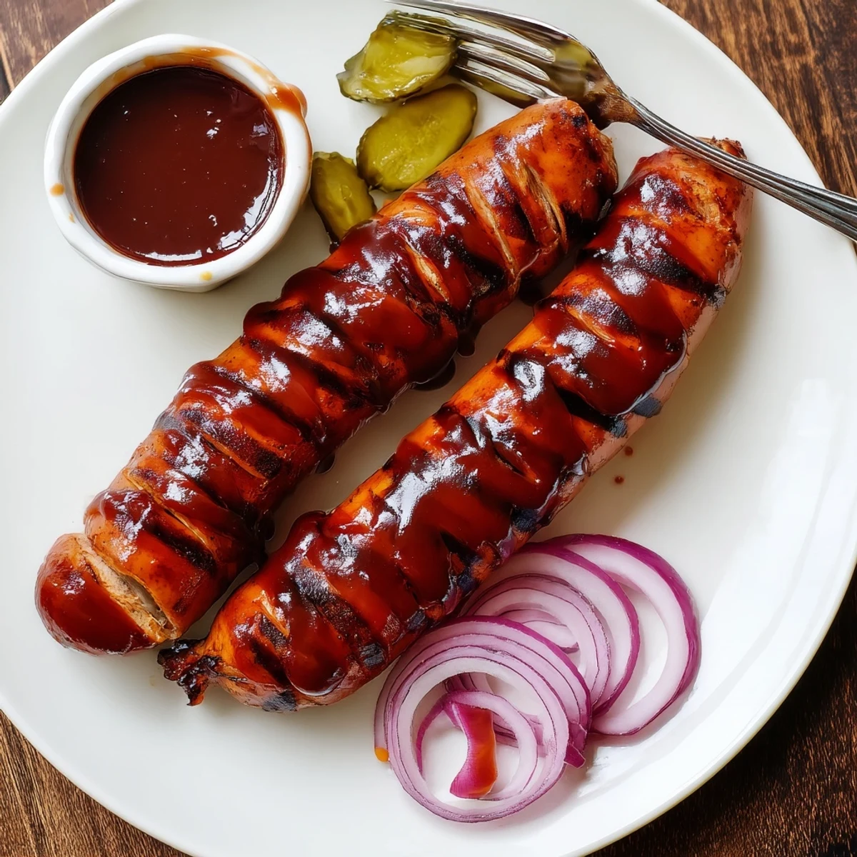 BBQ Sausage Recipe: charred, glossy links brushed with tangy sauce on grill