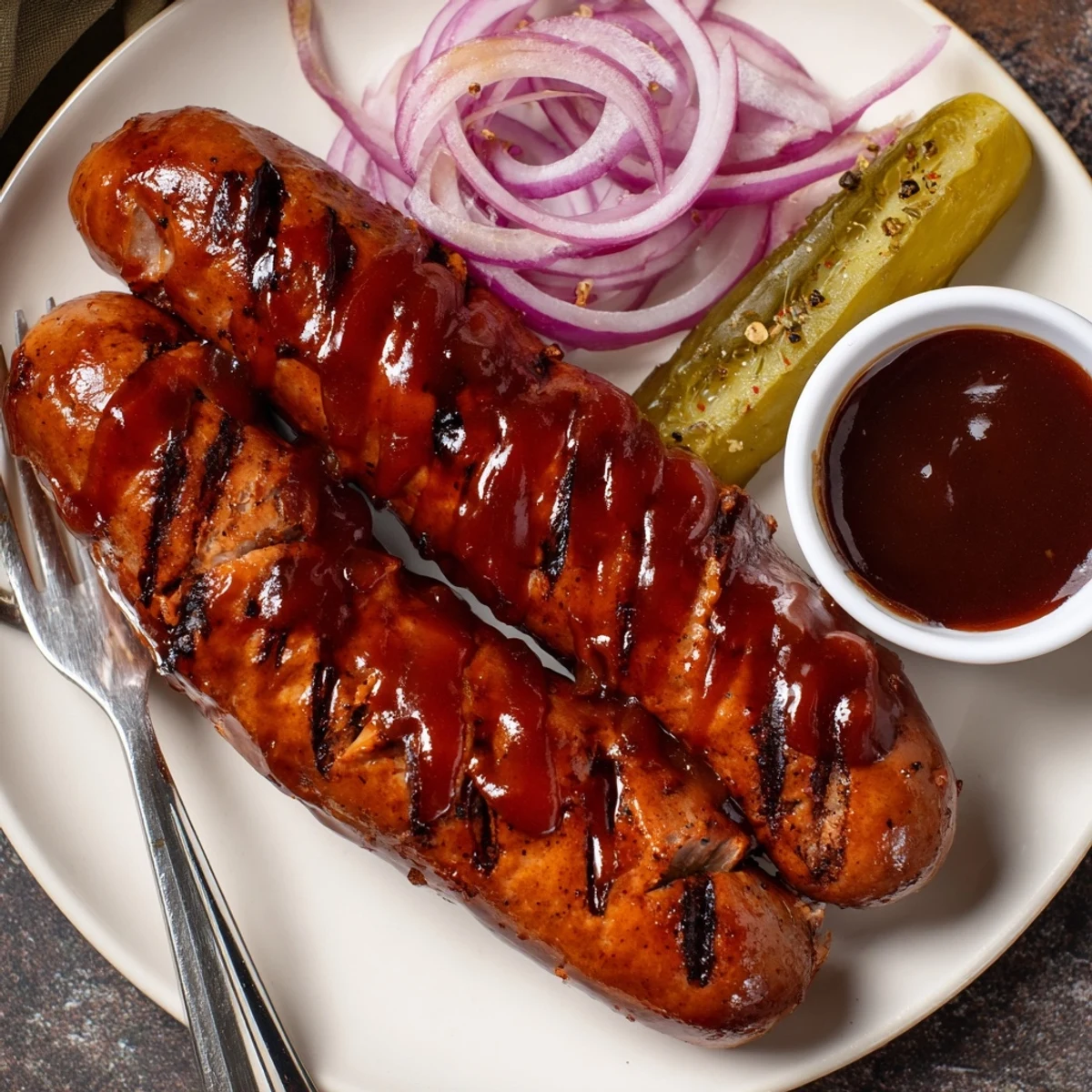 Home-grilled BBQ Sausage Recipe caramelized with brown sugar glaze, steaming on plate