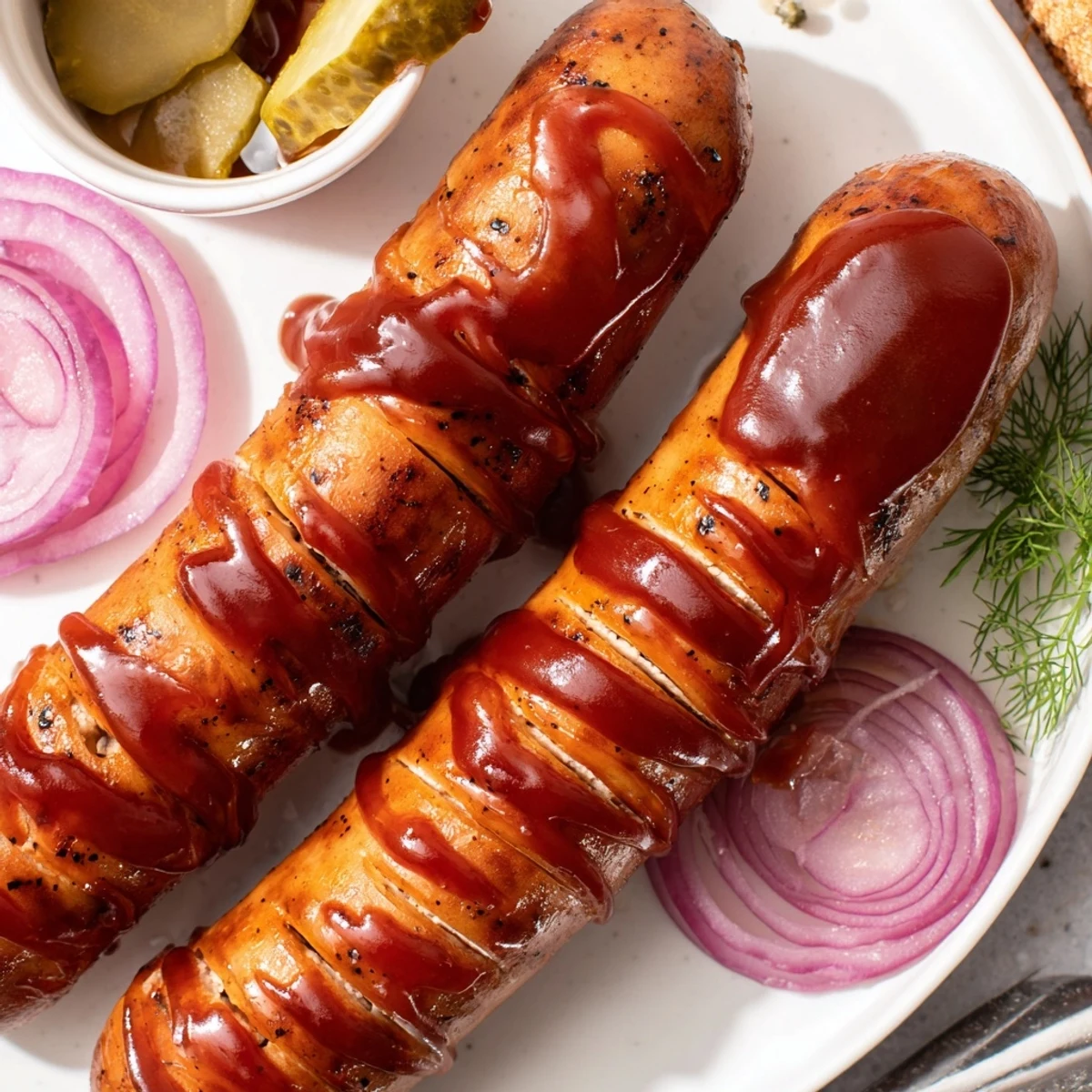 Smoky BBQ Sausage Recipe served in toasted buns with pickles and coleslaw