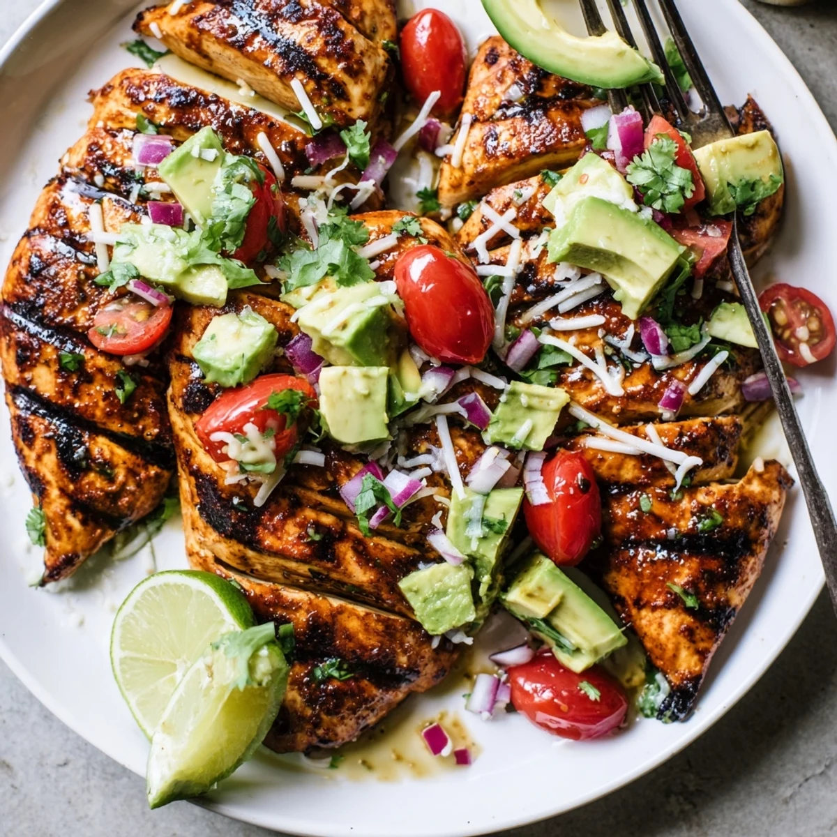 Charred Fiesta Lime Chicken With Avocado served with lime wedges and cilantro