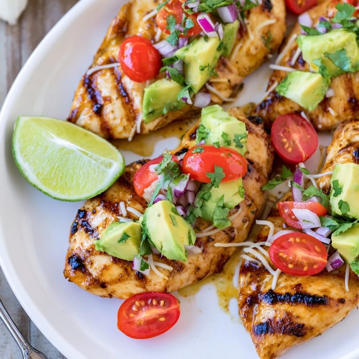 Juicy Fiesta Lime Chicken With Avocado marinated in zesty lime, garlic, and spices