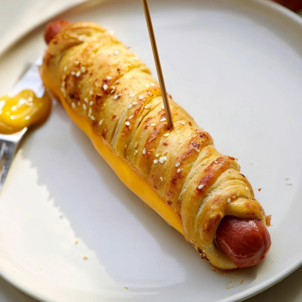 Golden-baked Firecracker Hot Dogs Recipe on skewers, brushed butter and sesame.  