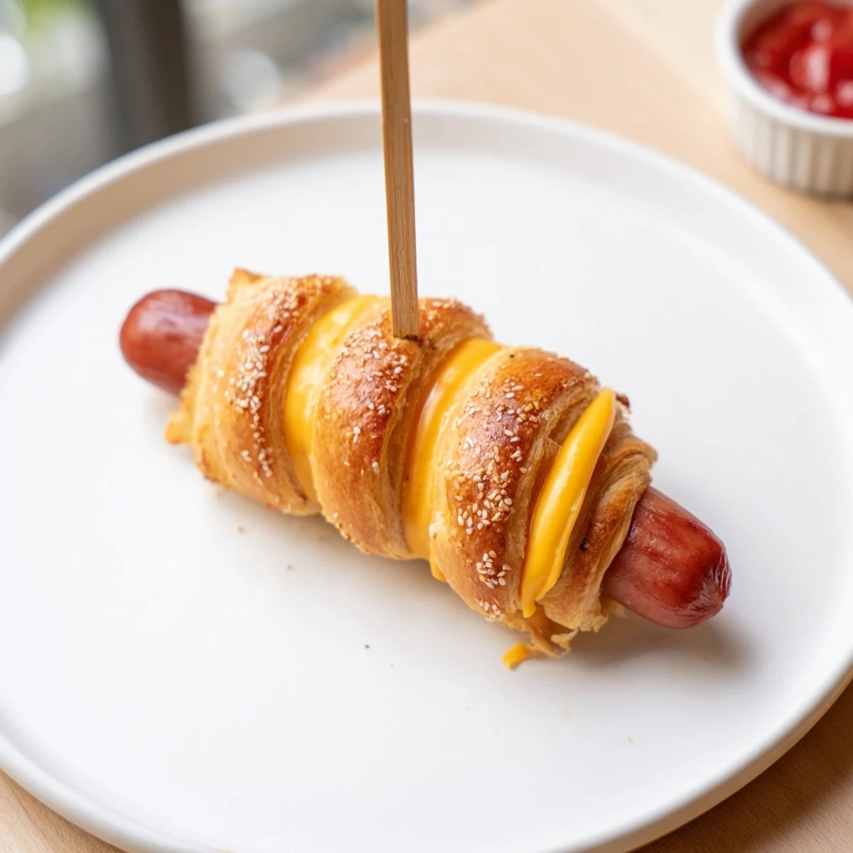 Kids-friendly Firecracker Hot Dogs Recipe, flaky dough, gooey cheese, served with ketchup.