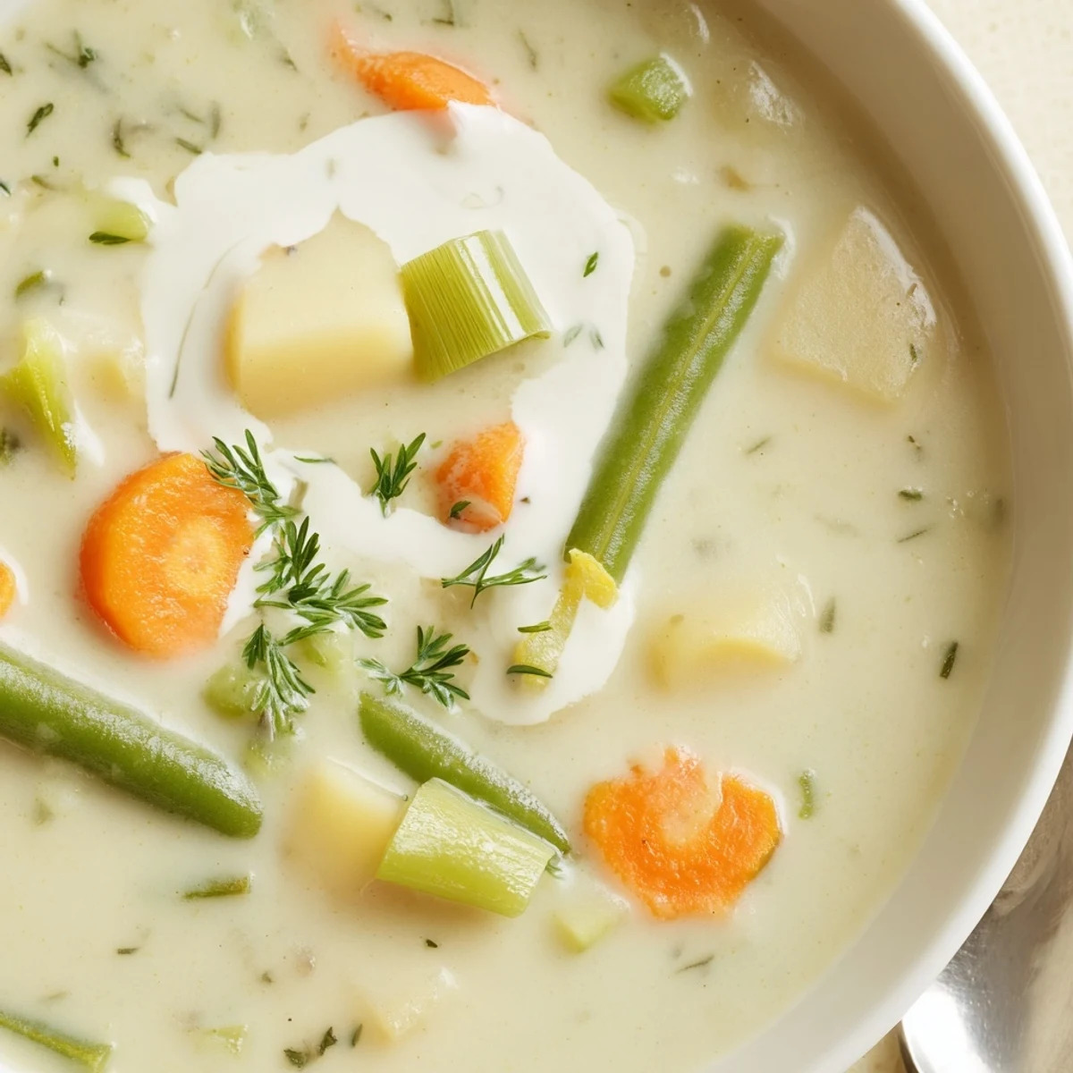 Bowl of Creamy Vegetable Soup Recipe, garnished with parsley, steaming and silky.