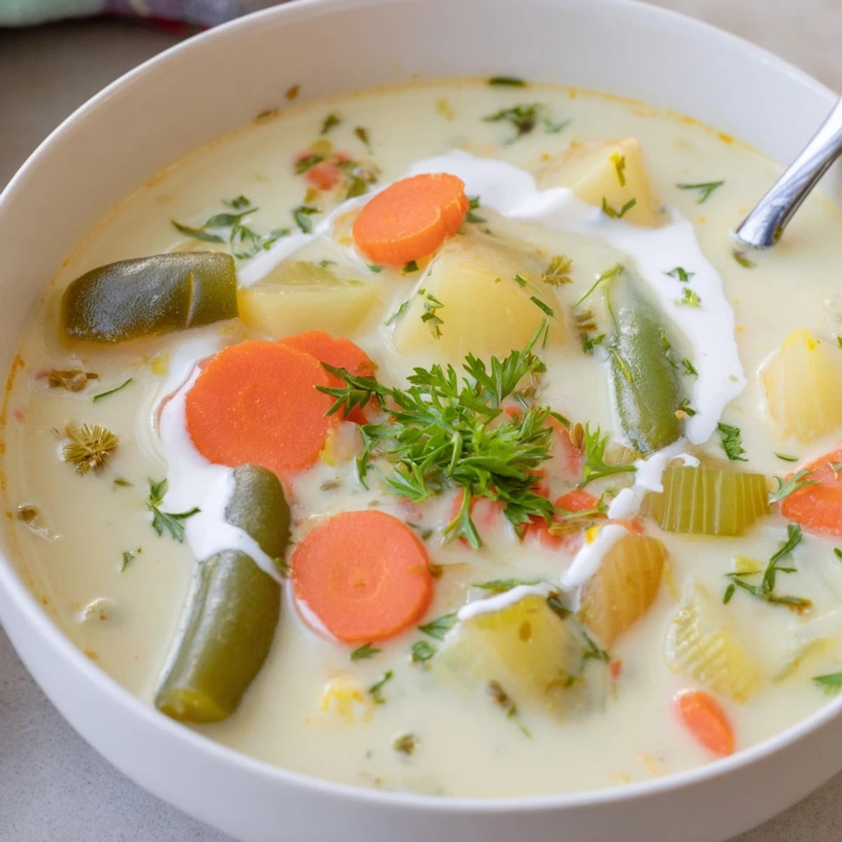 Close-up of Creamy Vegetable Soup Recipe showing velvety texture, carrots and cream.