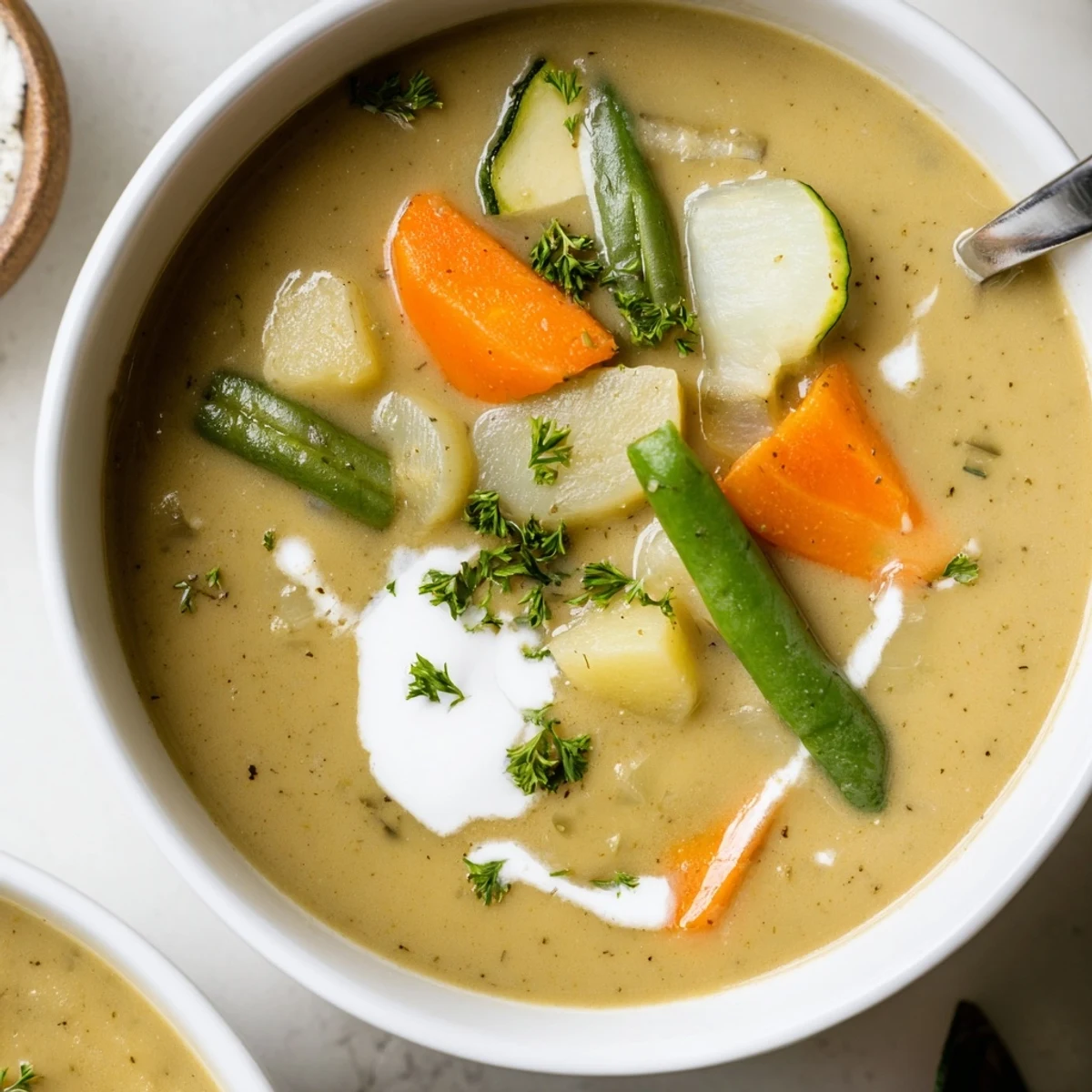 Hearty bowls of Creamy Vegetable Soup Recipe served with crusty bread, warm aroma.