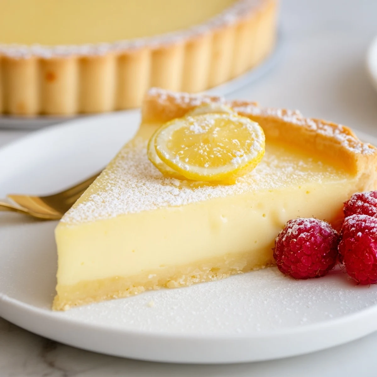 Creamy Lemon Tart Recipe on a fluted crust, dusted powdered sugar, glossy.