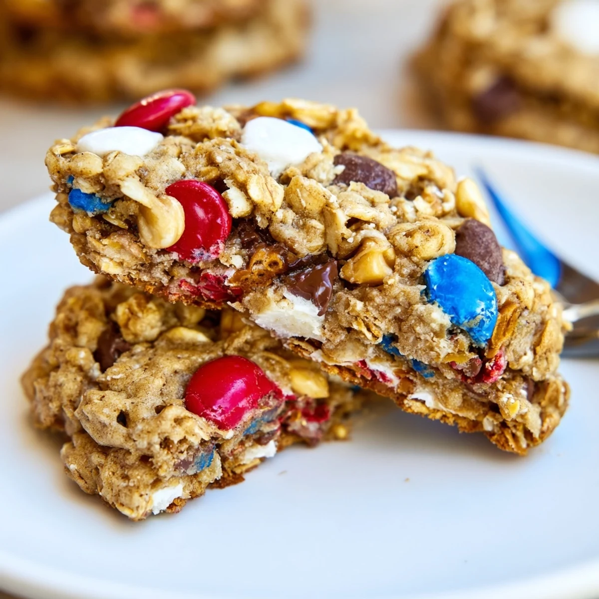 Warm Patriotic Monster Cookies loaded with oats, peanut butter, and colorful candies.