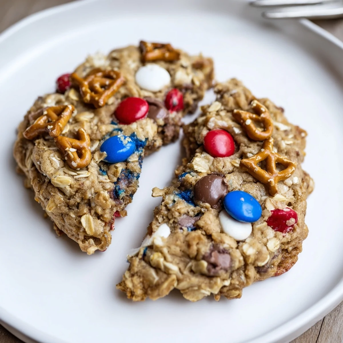 Freshly baked Patriotic Monster Cookies, cooling on rack with chewy centers, colorful candies.