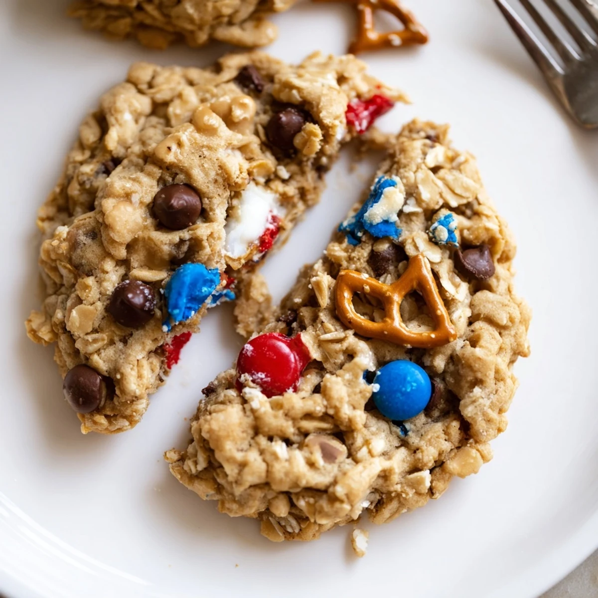 Hand holding Patriotic Monster Cookies beside milk glass, gooey chocolate chips visible.