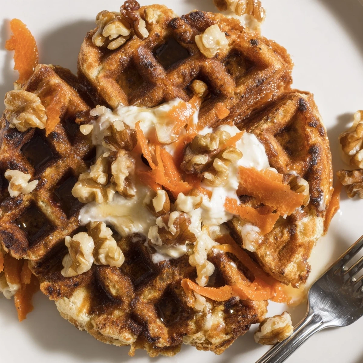 Stack of Carrot Cake Waffles topped with maple syrup and toasted pecans