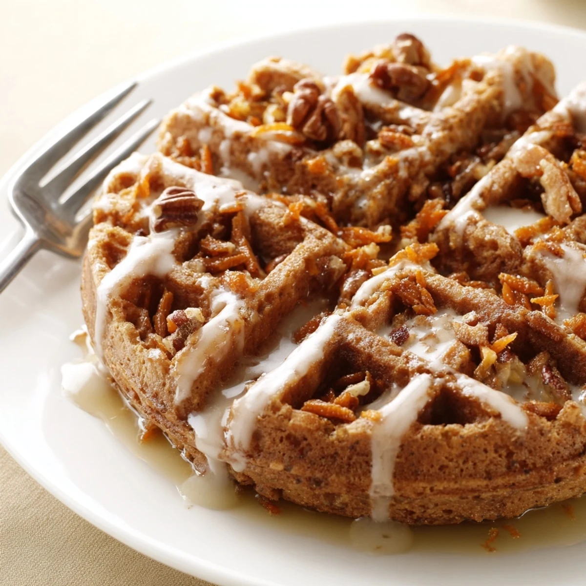 Carrot Cake Waffles with cream cheese glaze, warm cinnamon aroma, golden crisp