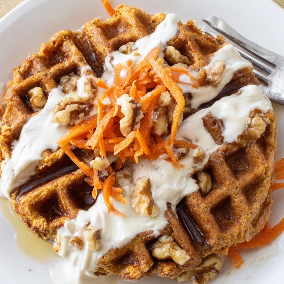 Crispy-edged Carrot Cake Waffles with nutty walnuts and spicy cinnamon bite