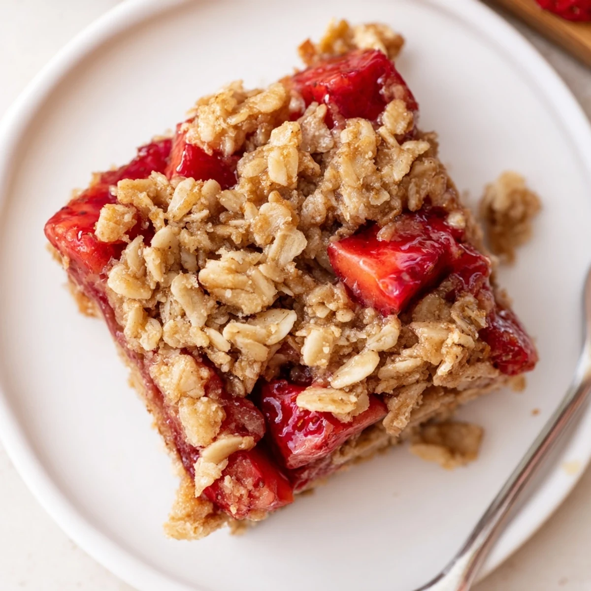 Plate of Strawberry Oatmeal Crumble Bars with scoop of melting vanilla ice cream
