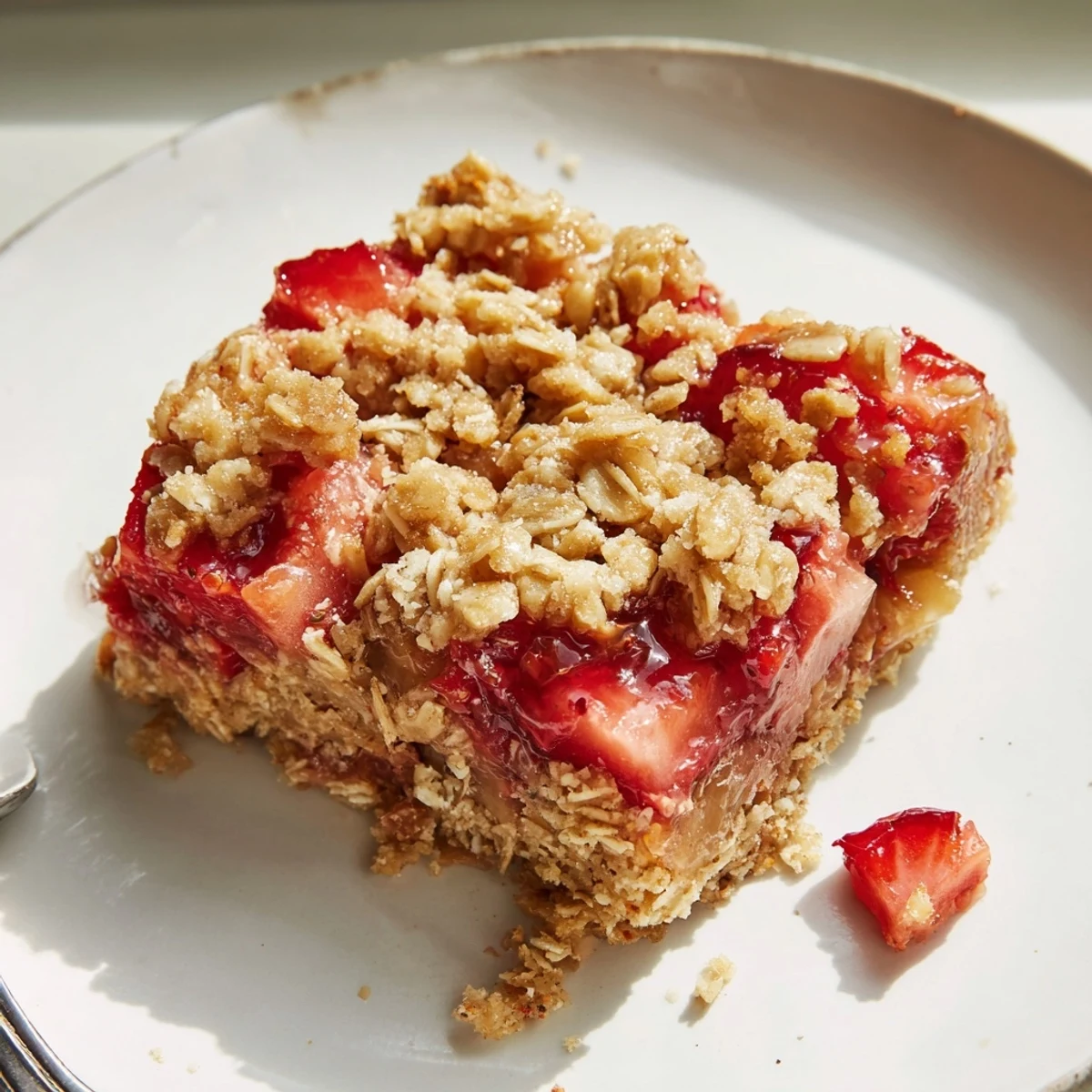 Strawberry Oatmeal Crumble Bars warm from oven, golden crumble and juicy filling