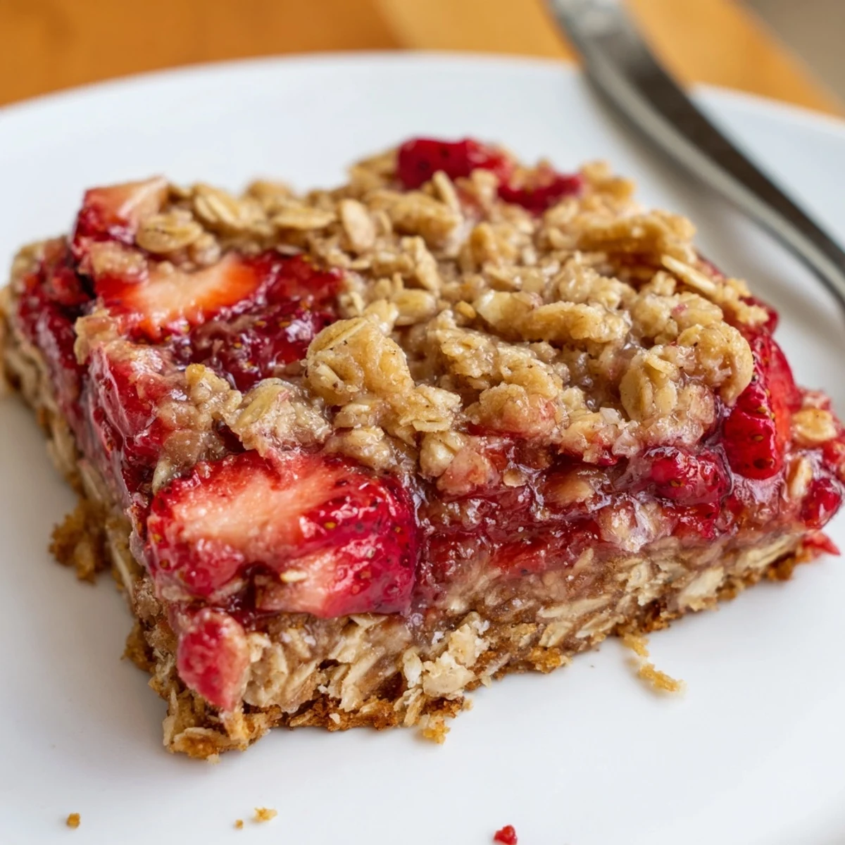 Cut Strawberry Oatmeal Crumble Bars showing sticky strawberry layer and oat crunch