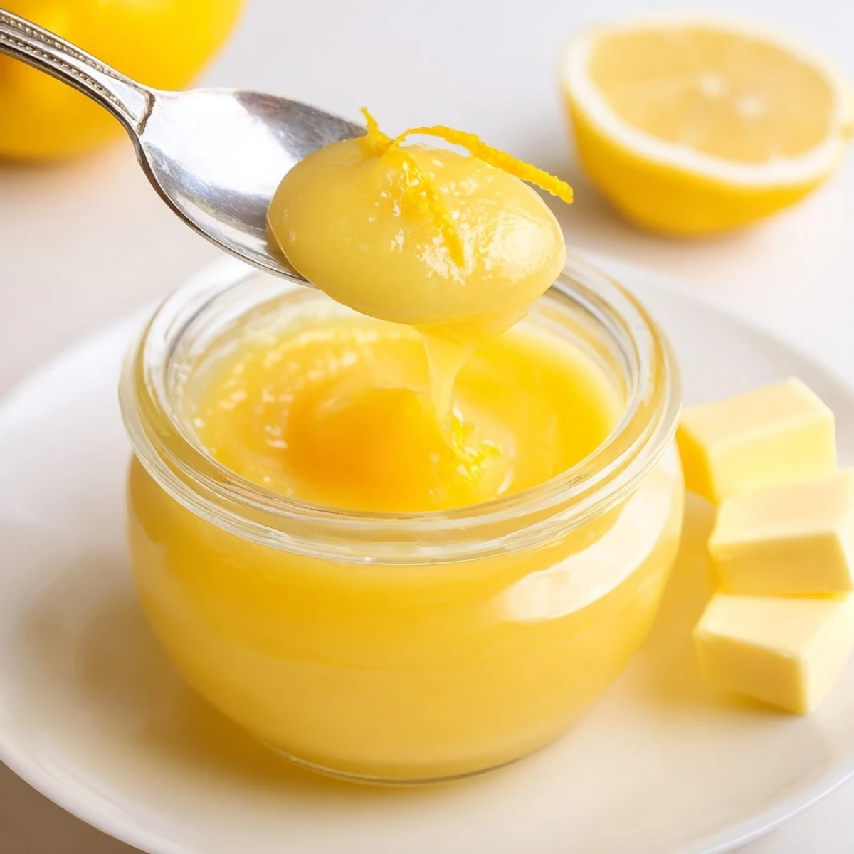 Lemon Curd Recipe in glass jar, glossy golden curd, bright citrus aroma