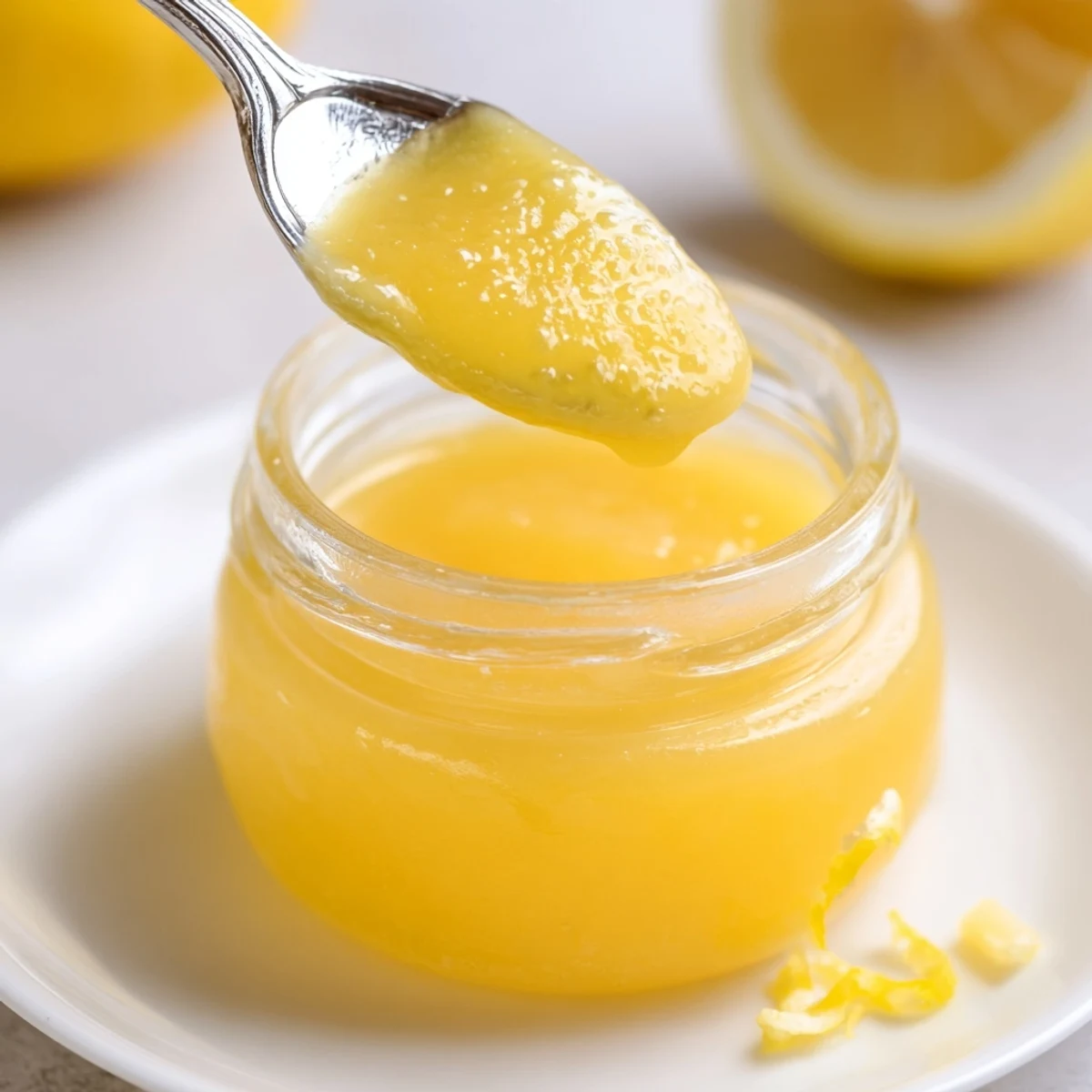 Small ramekin of Lemon Curd Recipe, spooned warm and tangy over scones
