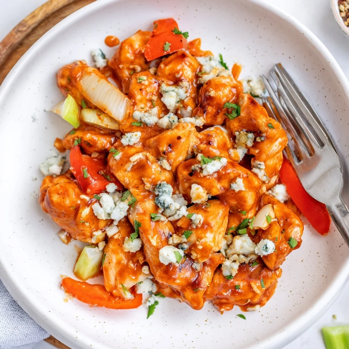 Keto Buffalo Chicken Skillet simmering in creamy hot sauce with melted mozzarella