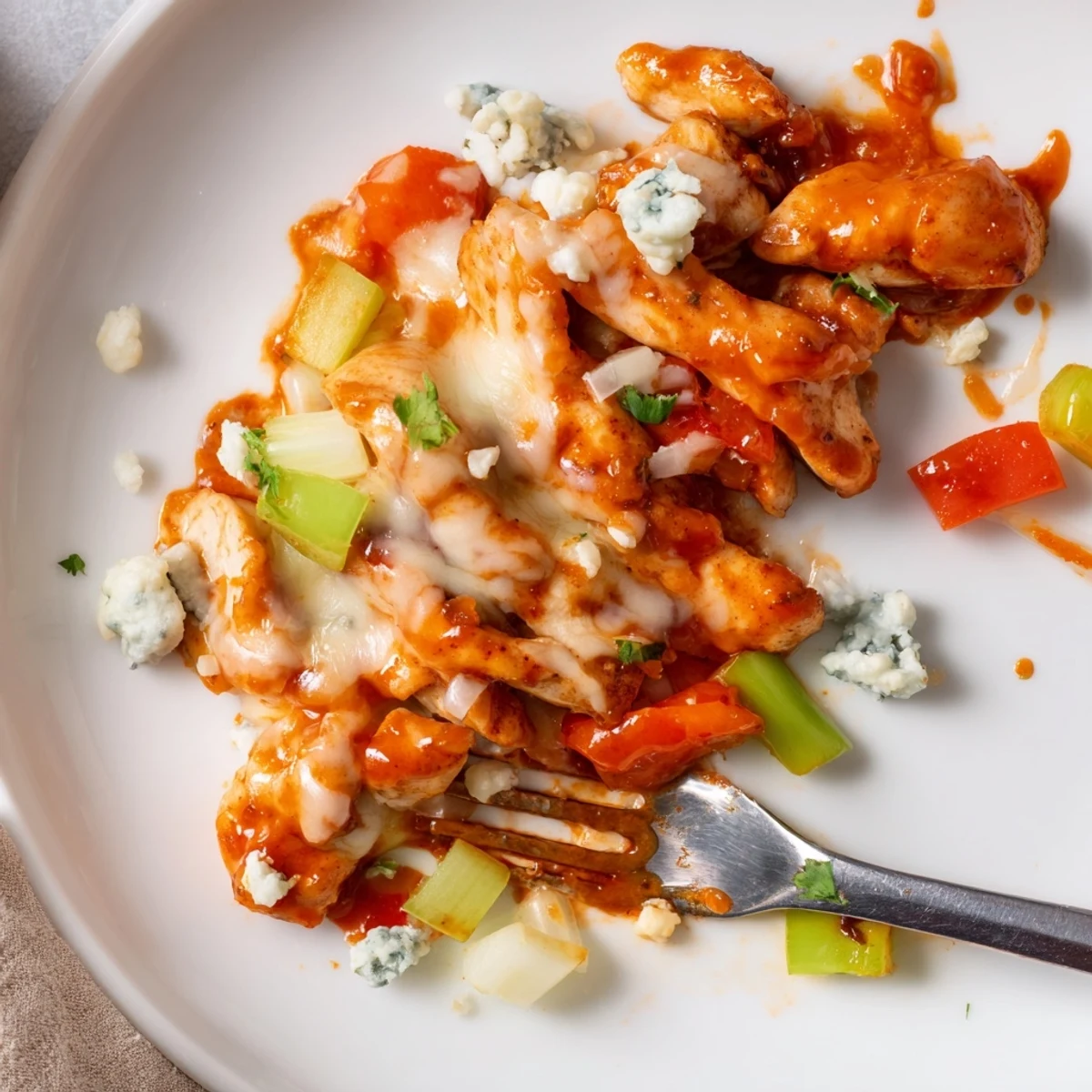 Keto Buffalo Chicken Skillet served over cauliflower rice with bright peppers and celery