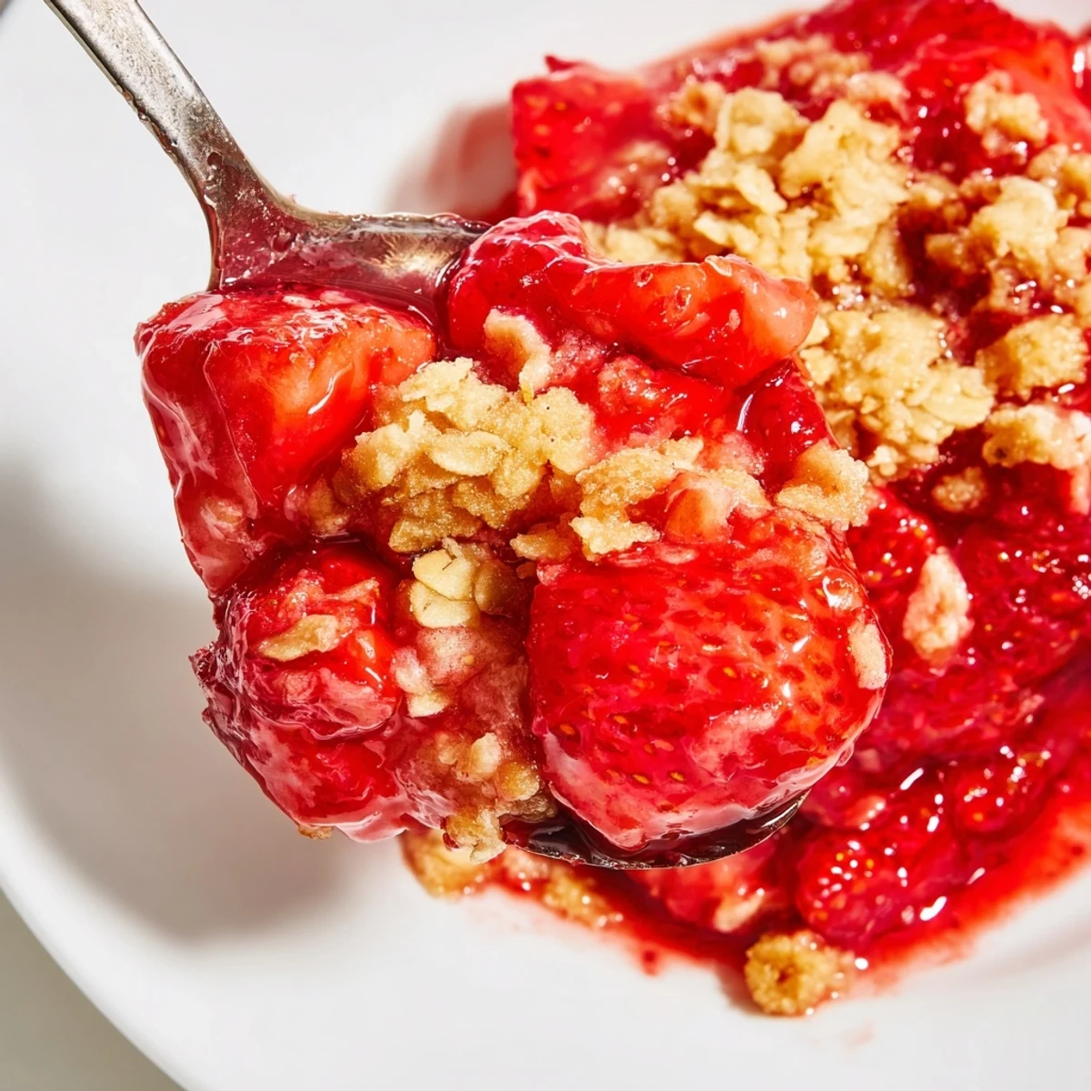 Fresh Strawberry Crisp Recipe bubbling in a baking dish, golden oat topping