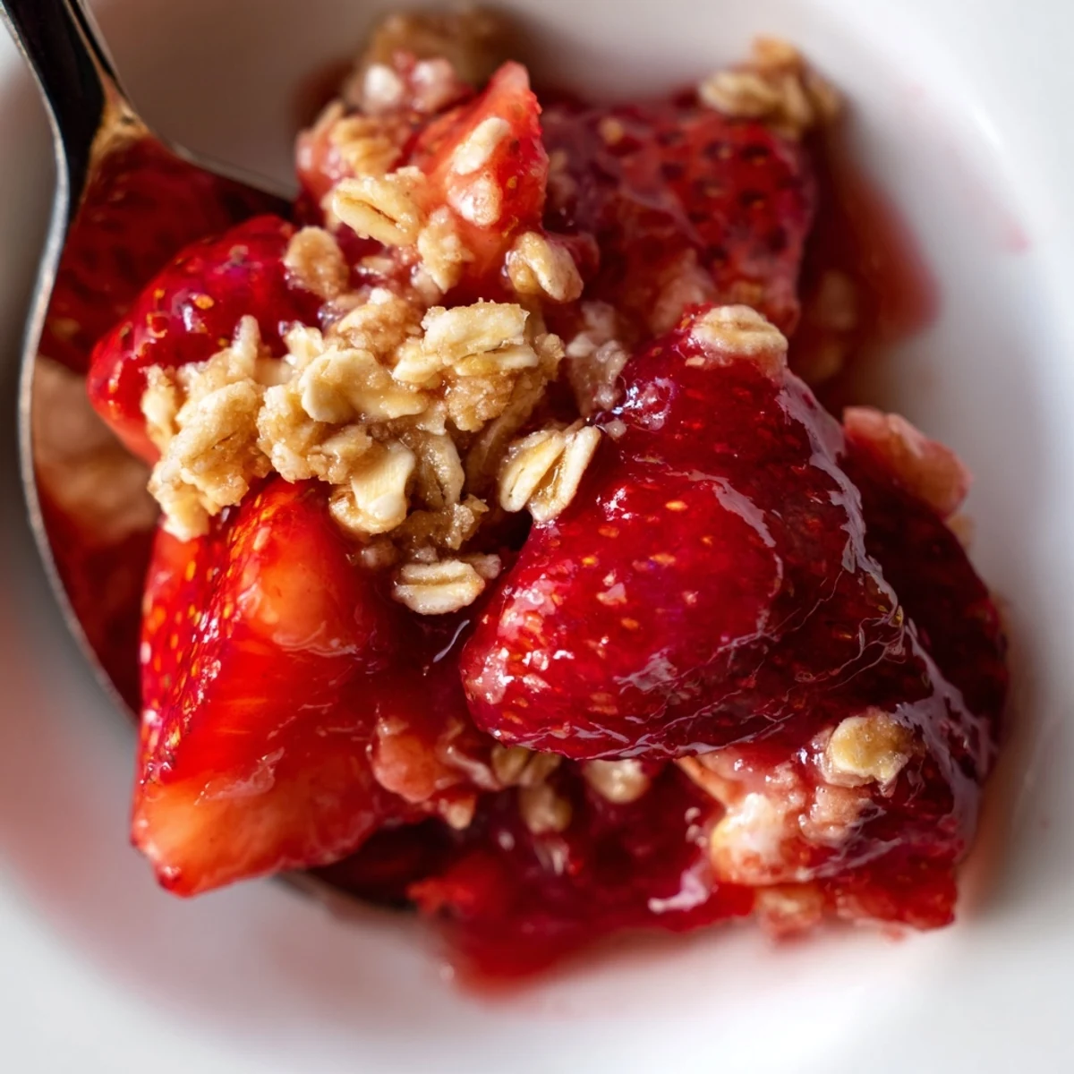 Vanilla ice cream melting over a warm Fresh Strawberry Crisp Recipe
