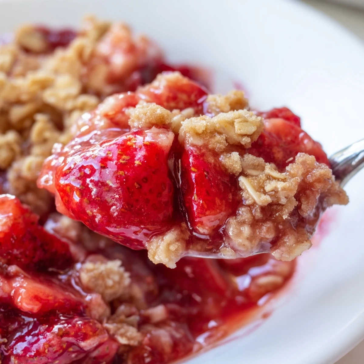 Spoonful of Fresh Strawberry Crisp Recipe showing juicy filling and crunchy topping