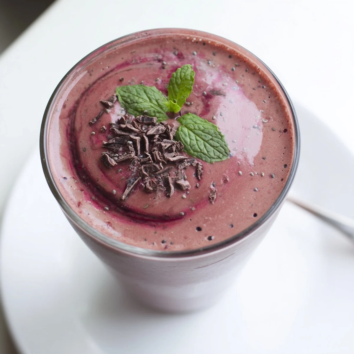 Chocolate Beet Smoothie poured into glass, velvety texture, earthy-sweet, mint garnish