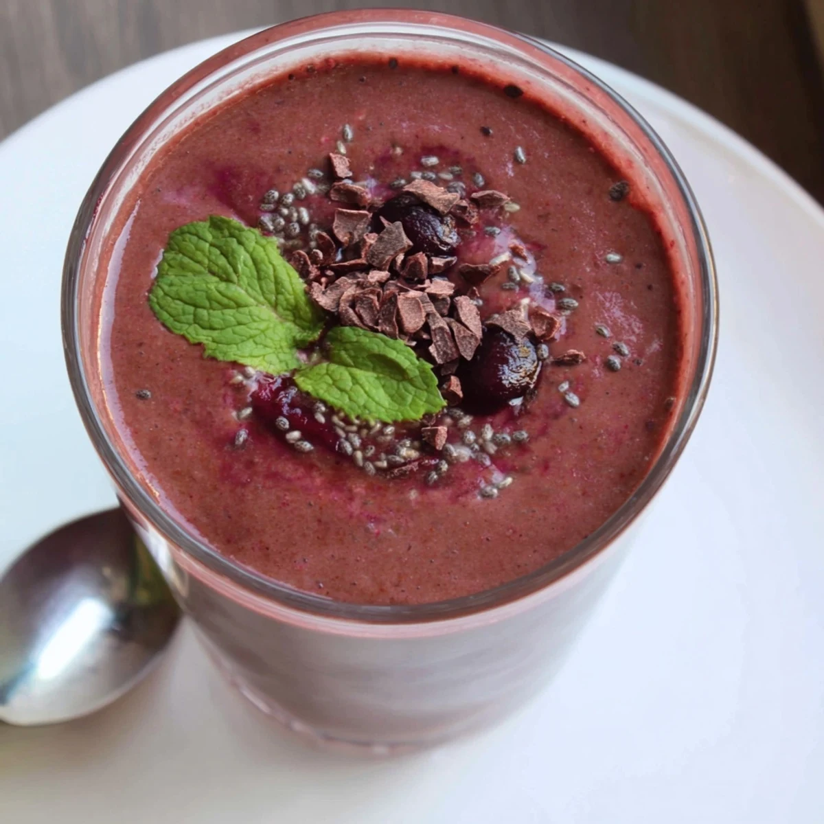 Creamy Chocolate Beet Smoothie with banana and cocoa, topped with cacao nibs
