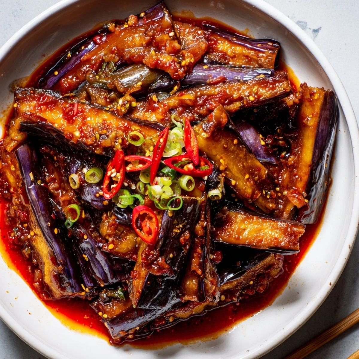 Sichuan Style Braised Aubergines glistening in spicy red sauce, garnished with scallions