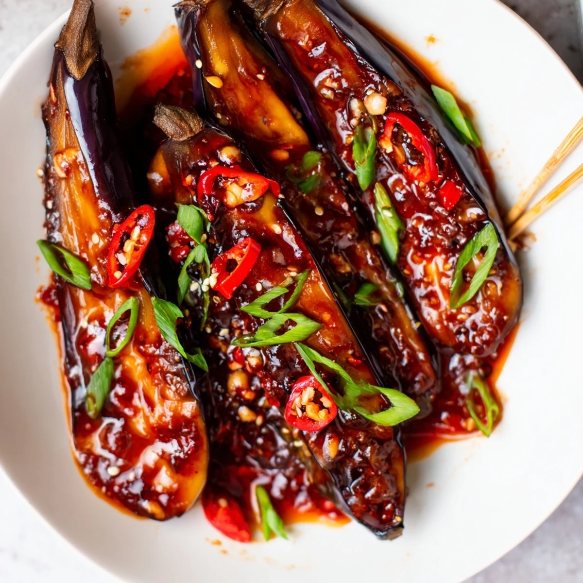 Warm Sichuan Style Braised Aubergines served over steamed jasmine rice, aromatic and tender