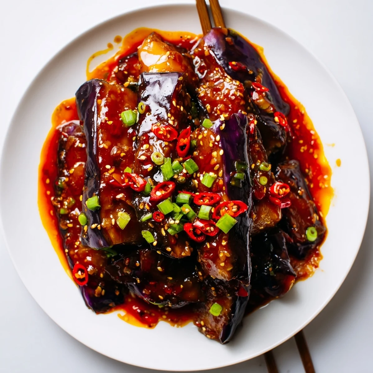 Pan-fried Sichuan Style Braised Aubergines coated in glossy doubanjiang sauce, fragrant garlic
