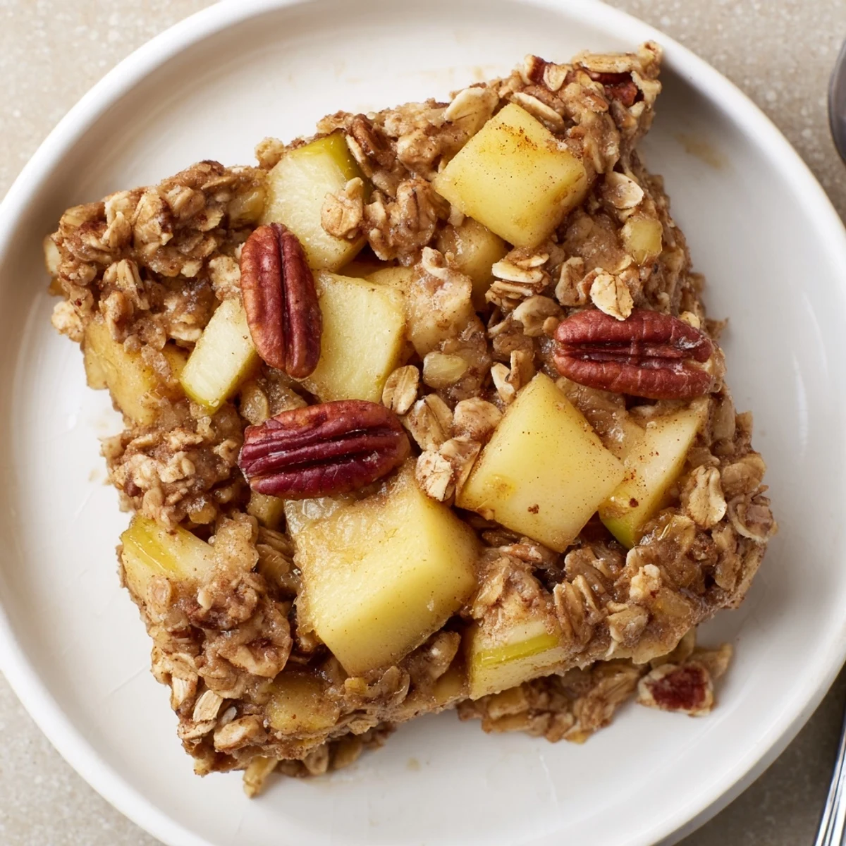 Baked golden Apple Cinnamon Oatmeal Bake topped with chopped nuts, maple drizzle