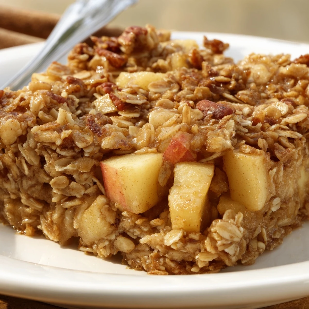 Spoonful of Apple Cinnamon Oatmeal Bake served warm with creamy milk