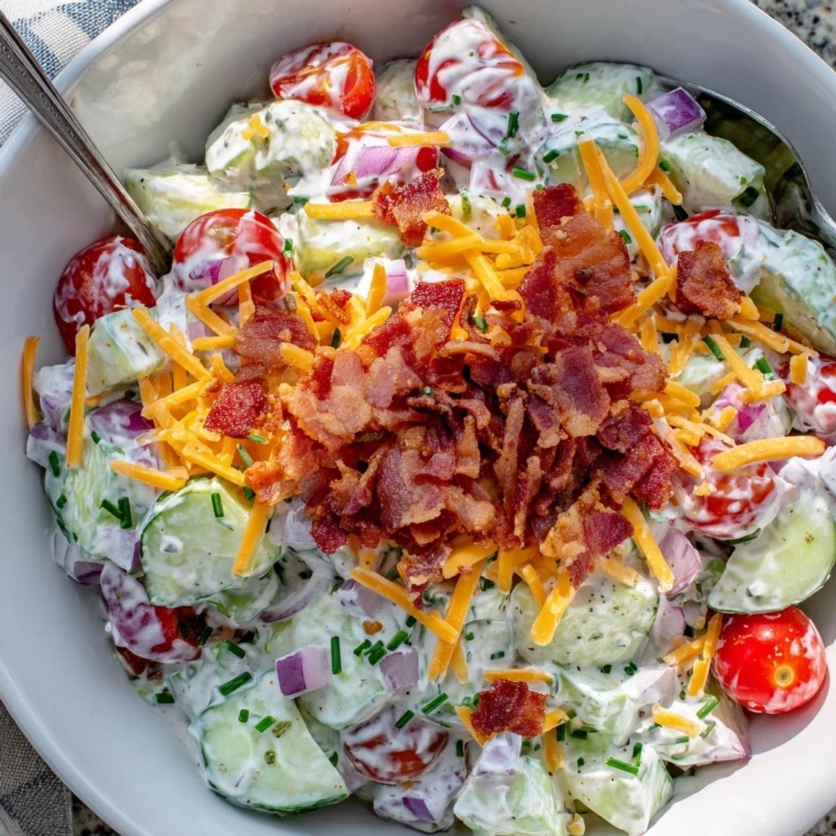 Cucumber Ranch Crack Salad piled in bowl, creamy dressing and crunchy chips