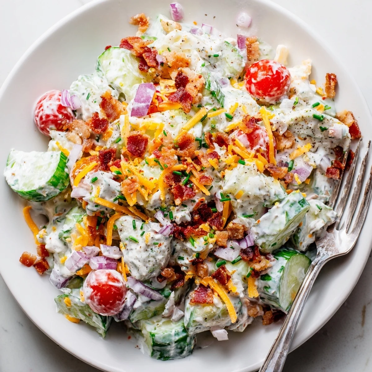 Fresh Cucumber Ranch Crack Salad tossed with herbs, served alongside grilled chicken