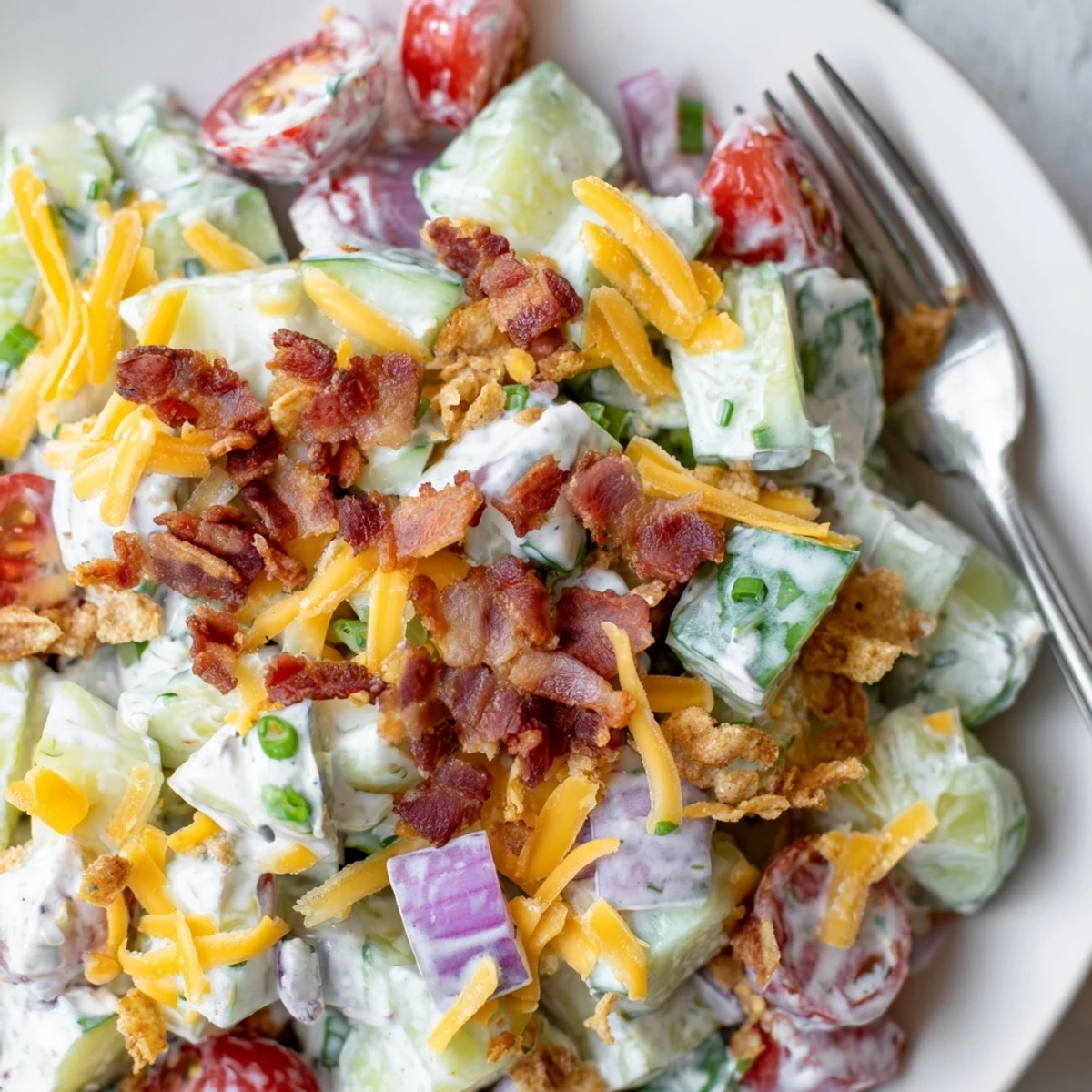 Chilled Cucumber Ranch Crack Salad with smoky bacon, sharp cheddar, picnic-ready