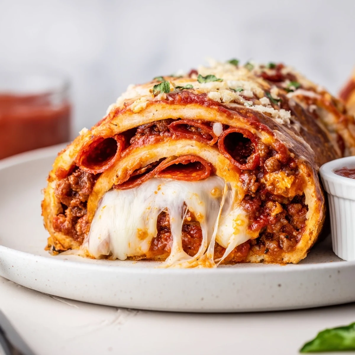 Cheese oozing from freshly baked Cheesy Beef Pepperoni Pizza Roll Ups Snack Recipe