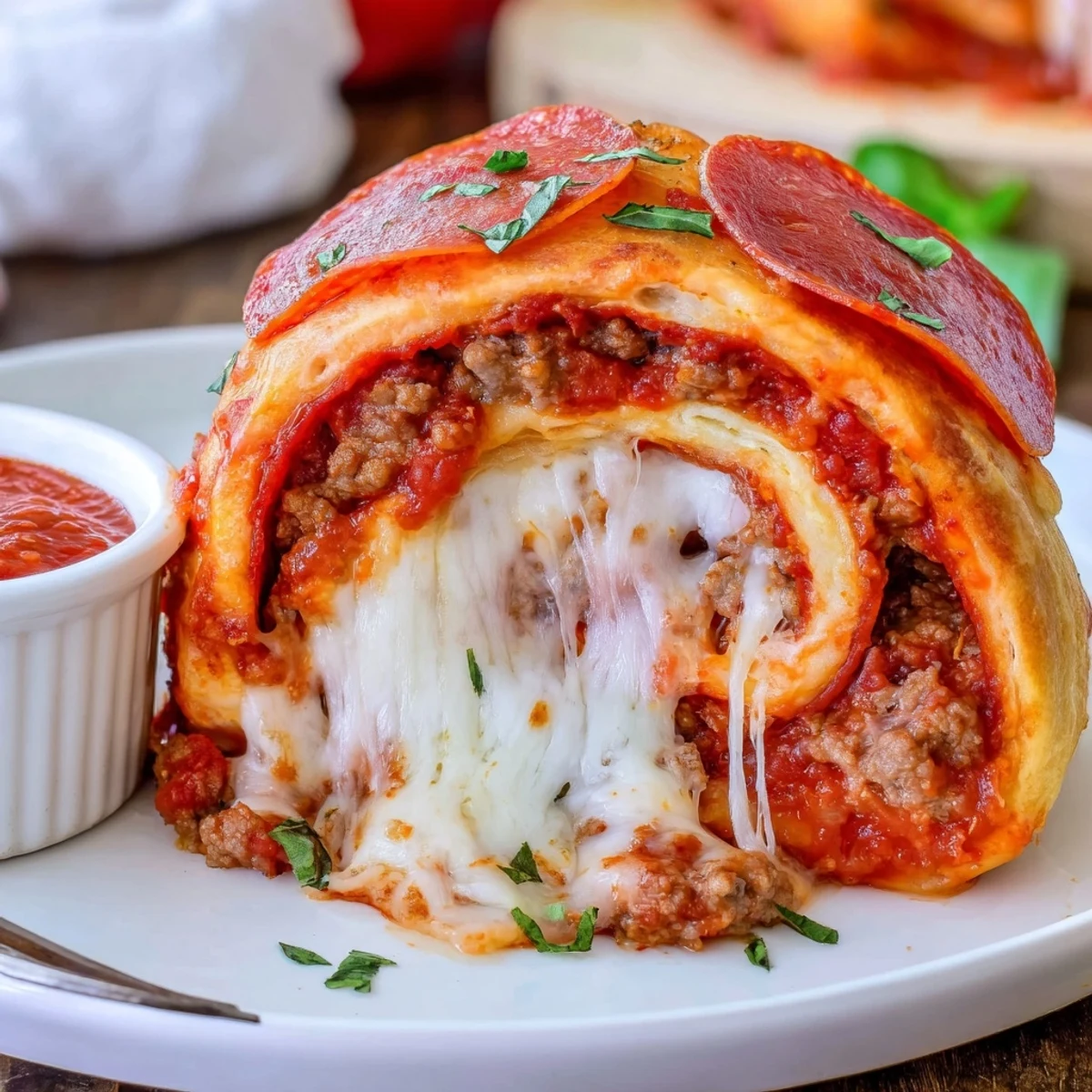 Cheesy Beef Pepperoni Pizza Roll Ups Snack Recipe on parchment, golden and bubbling