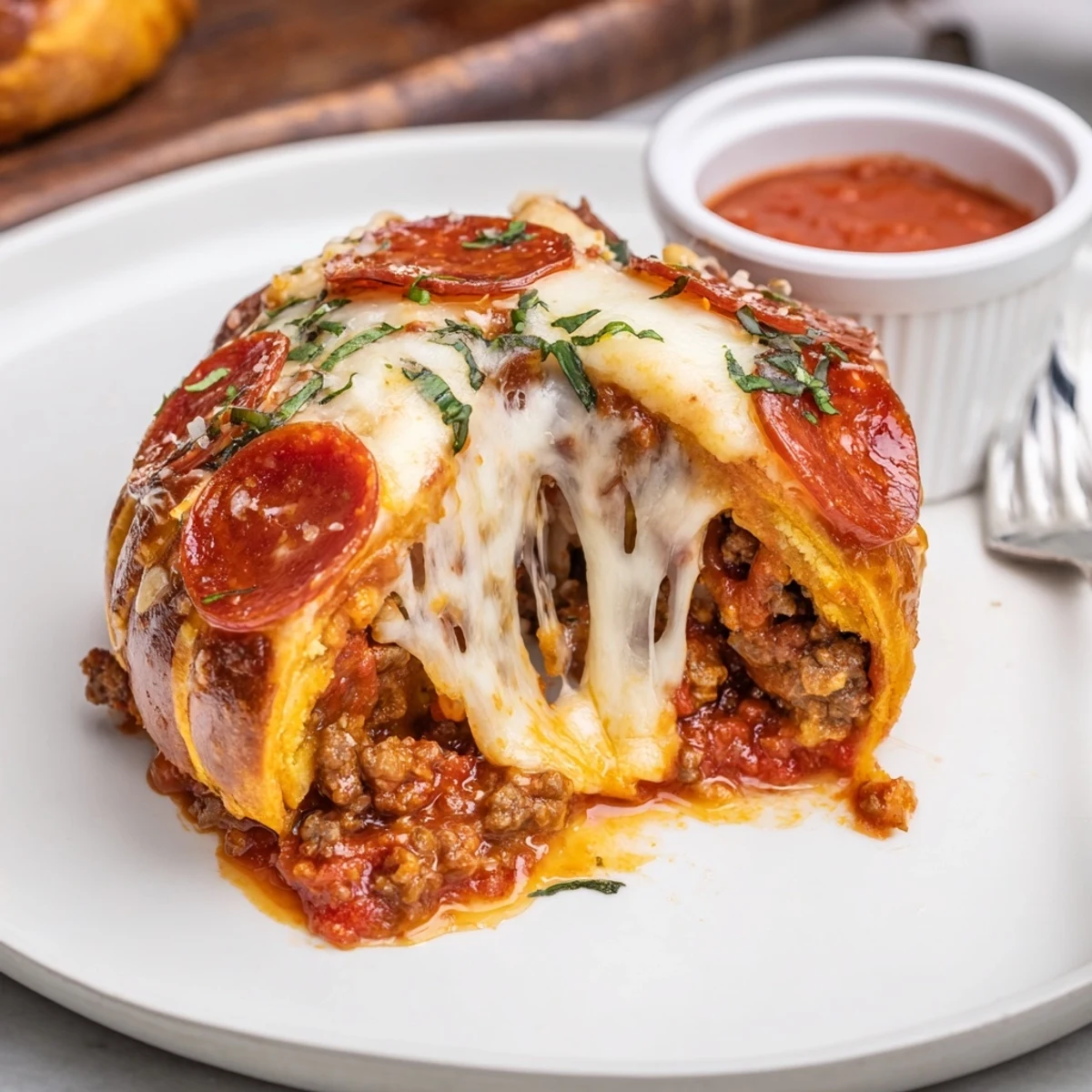 Family-style platter hot and savory Cheesy Beef Pepperoni Pizza Roll Ups Snack Recipe